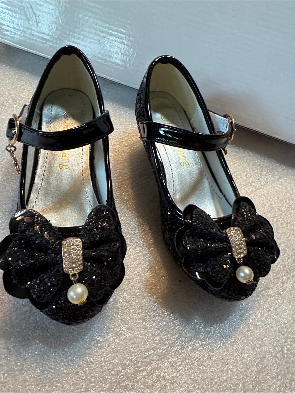 Black Glitter Mary Jane Heels with Bow Detail - Picture 8 of 12